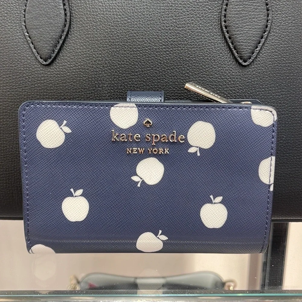 Kate Spade Staci Large White Apple Compartment Bifold Wallet BLAZER BLUE MULTI